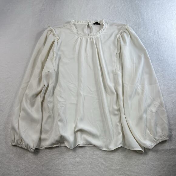 Ann Taylor XL Blouse Ruffle Neck Puff Sleeve Keyhole Back White Career Business - Picture 2 of 12